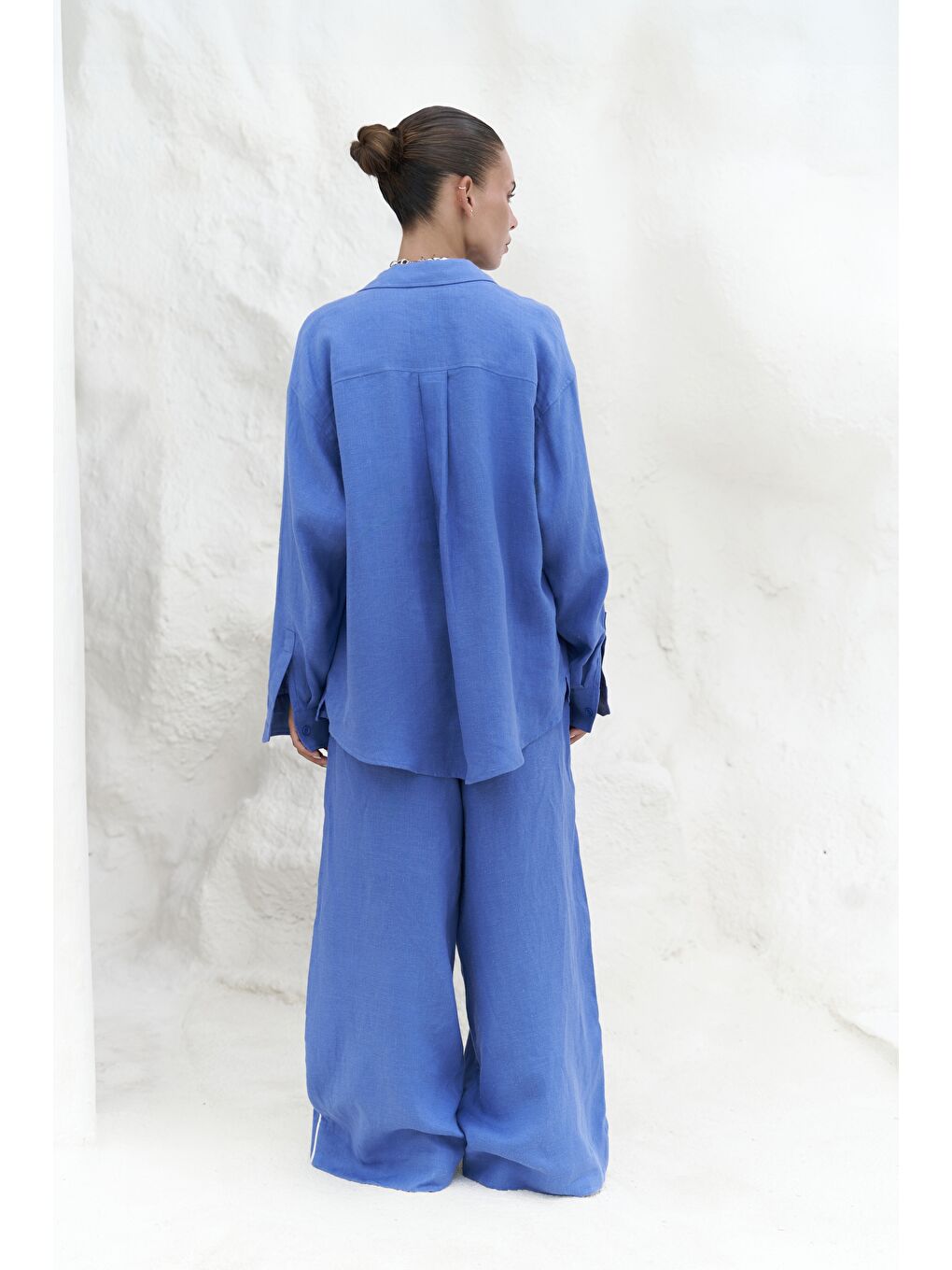 Orchidea Oversize Saks Mavi Keten Gömlek Takım-1