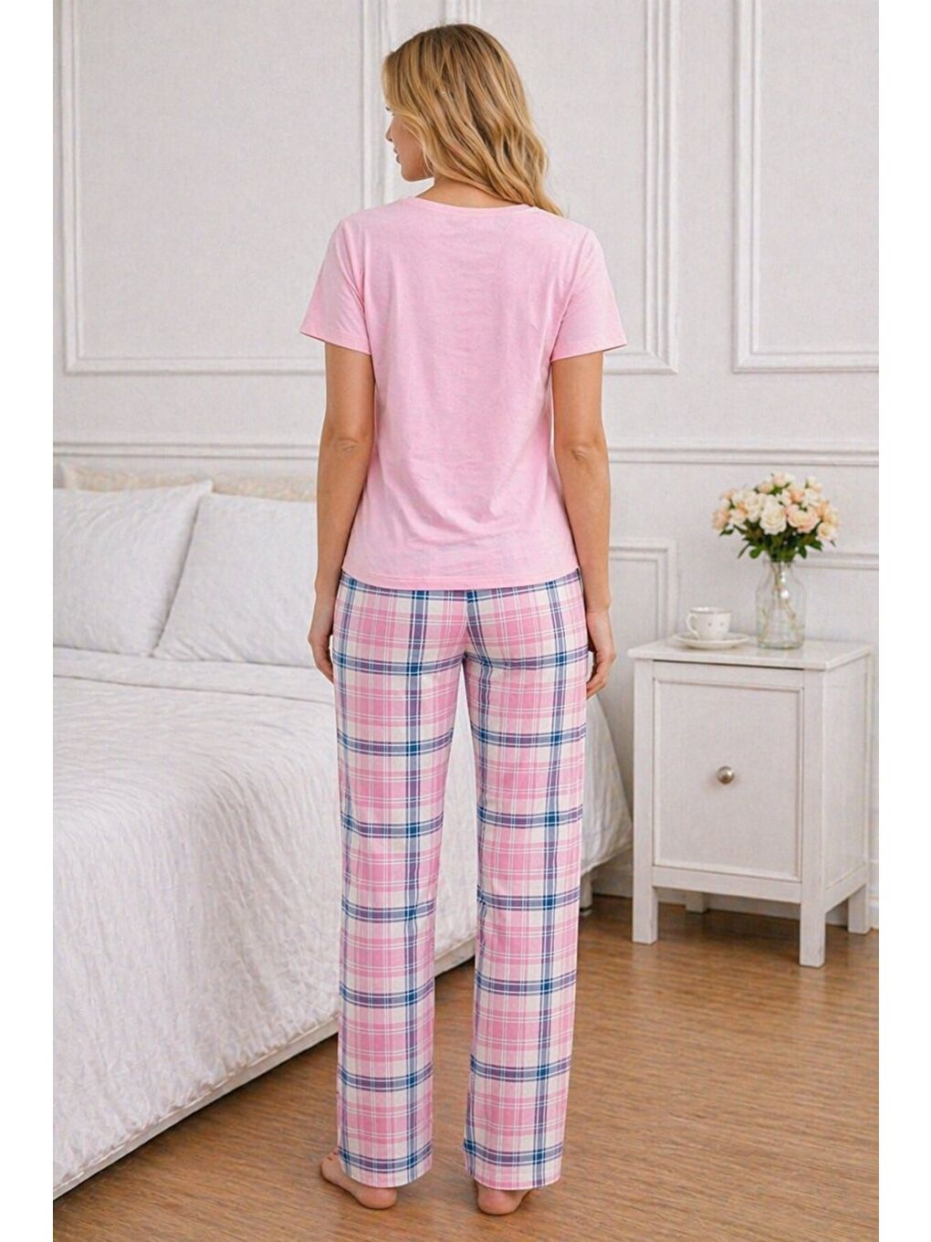 Kalp Baskılı Kadın Uzun Pijama Takımı – Pembe T-Shirt & Ekose Desenli Rahat Alt-2