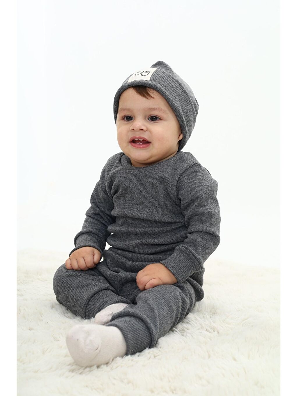 Gri Erkek Bebek 3'lü Takım (Şapka+Alt+Üst) 12128-1