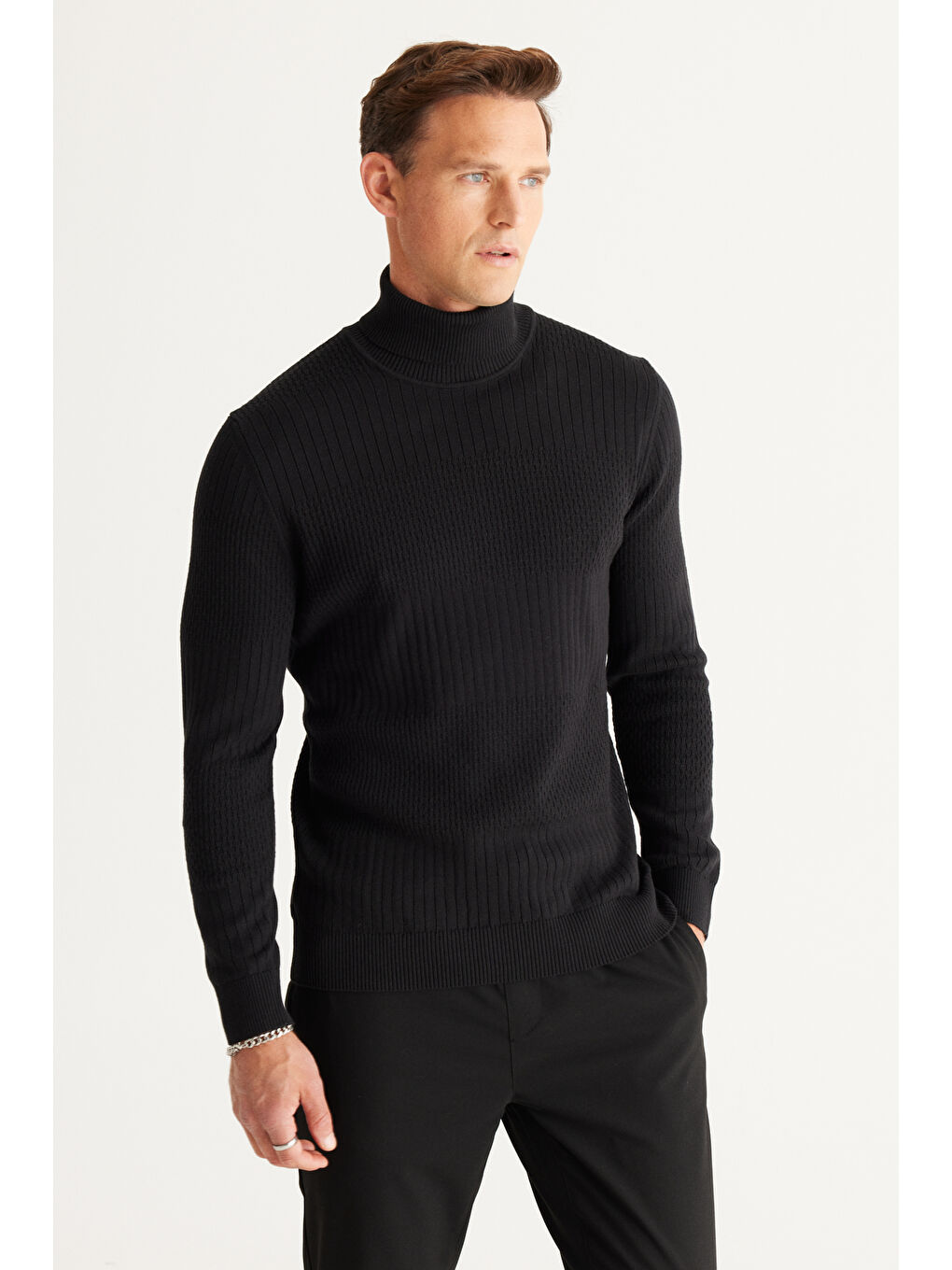 Erkek Siyah Recycle Standart Fit Normal Kesim Tam Balıkçı Yaka Pamuklu Jakarlı Triko Kazak-2