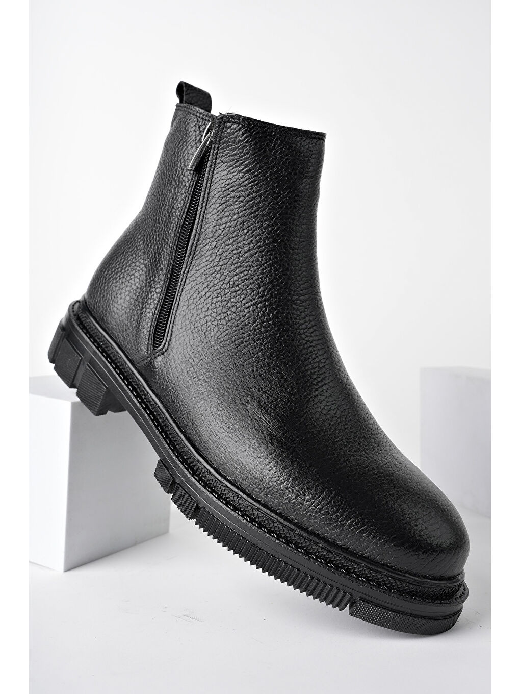 Siyah Chelsea Hakiki Deri Çift Fermuarlı Garantili Erkek Kışlık Bot-2