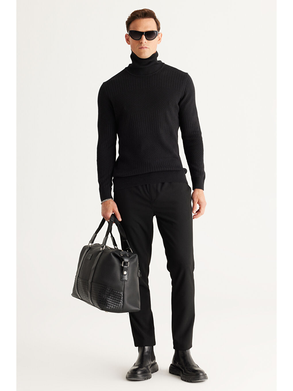 Erkek Siyah Recycle Standart Fit Normal Kesim Tam Balıkçı Yaka Pamuklu Jakarlı Triko Kazak-4