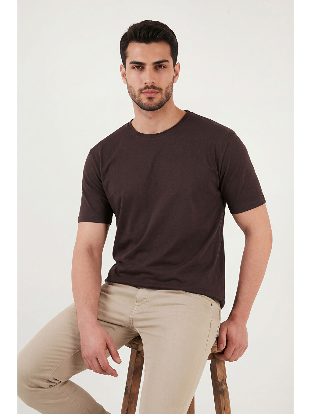 Kahverengi Pamuklu Regular Fit Bisiklet Yaka T Shirt 5904074-3