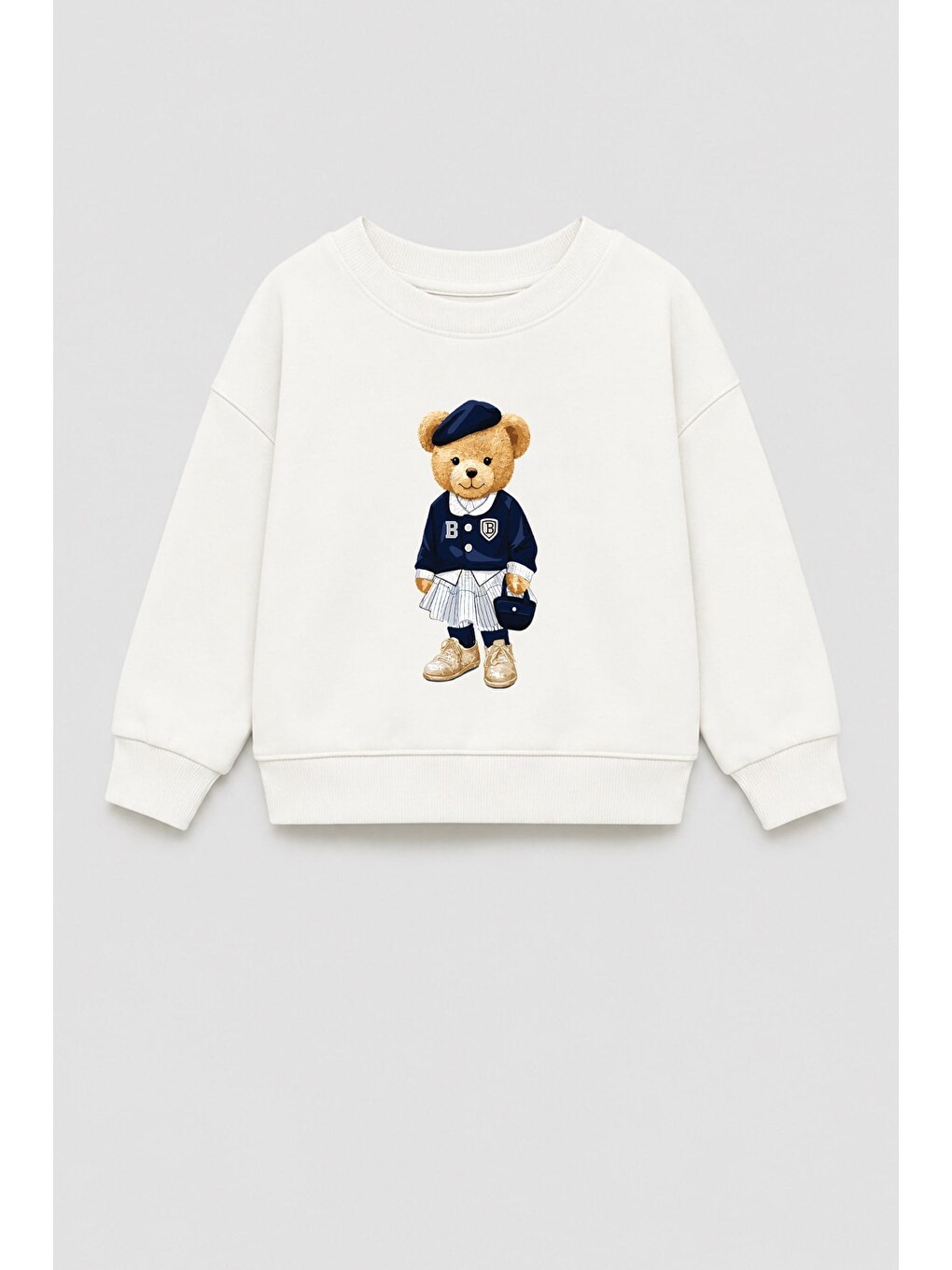 Ekru Kız Çocuk 3 İplik Kumaş Pamuklu Ayıcık Baskılı Sweatshirt
