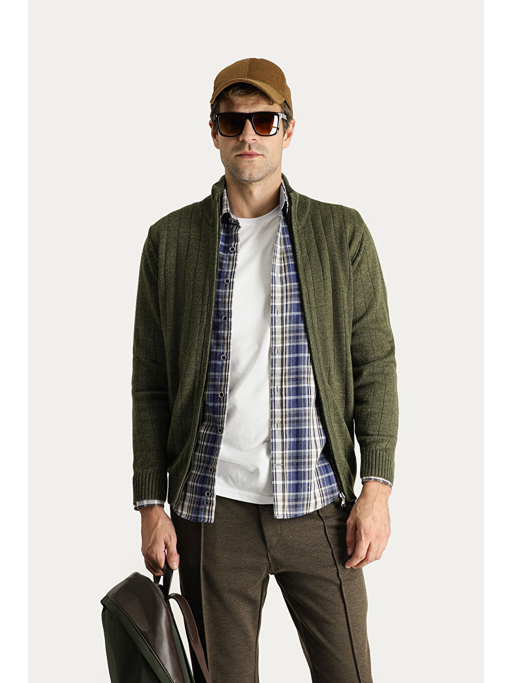 Haki Fermuarlı Triko Hırka-1