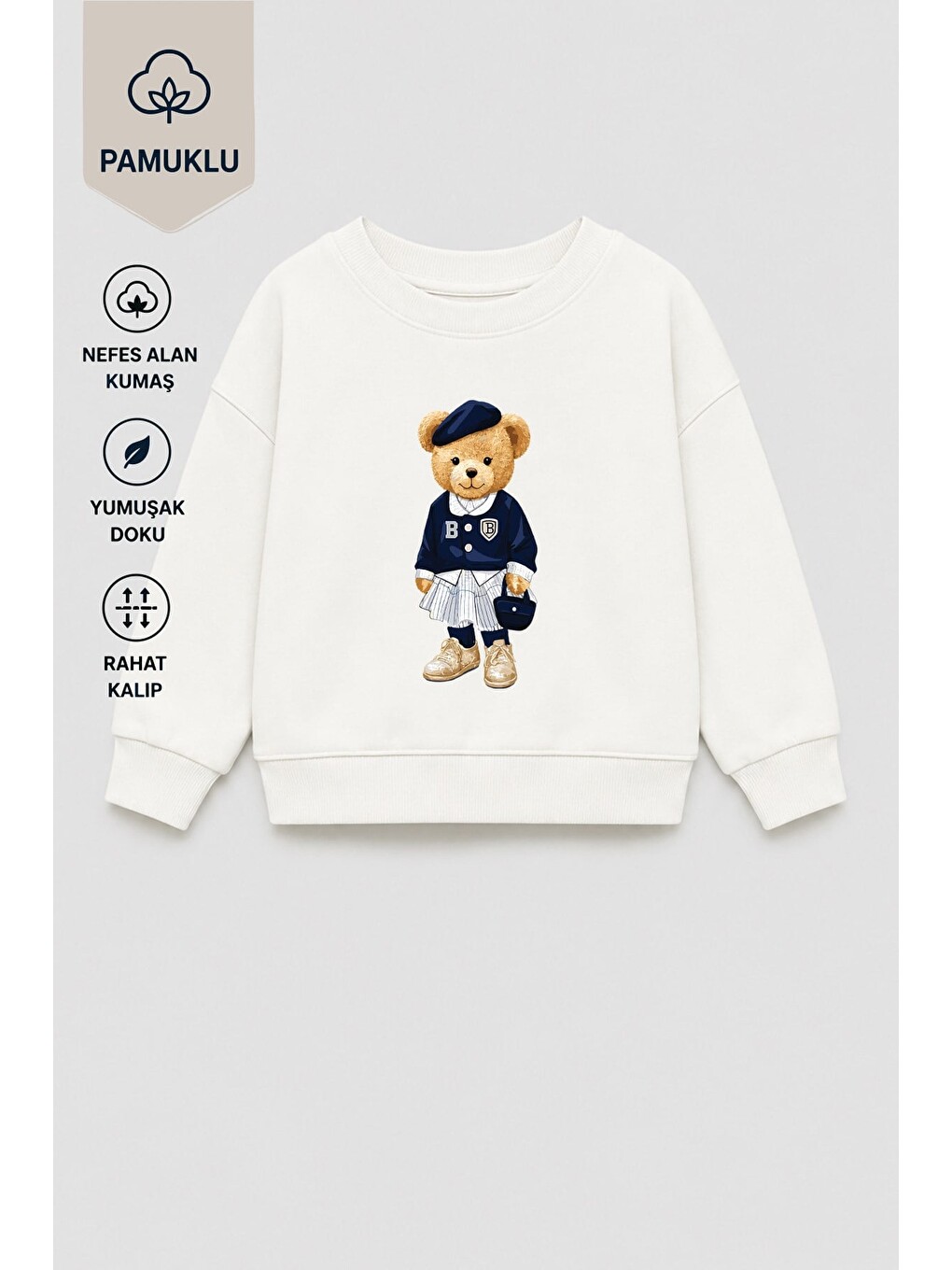 Ekru Kız Çocuk 3 İplik Kumaş Pamuklu Ayıcık Baskılı Sweatshirt-2