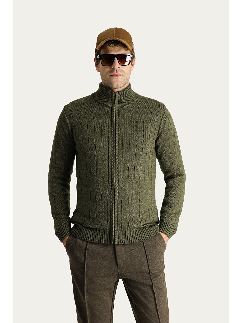 Haki Fermuarlı Triko Hırka-2