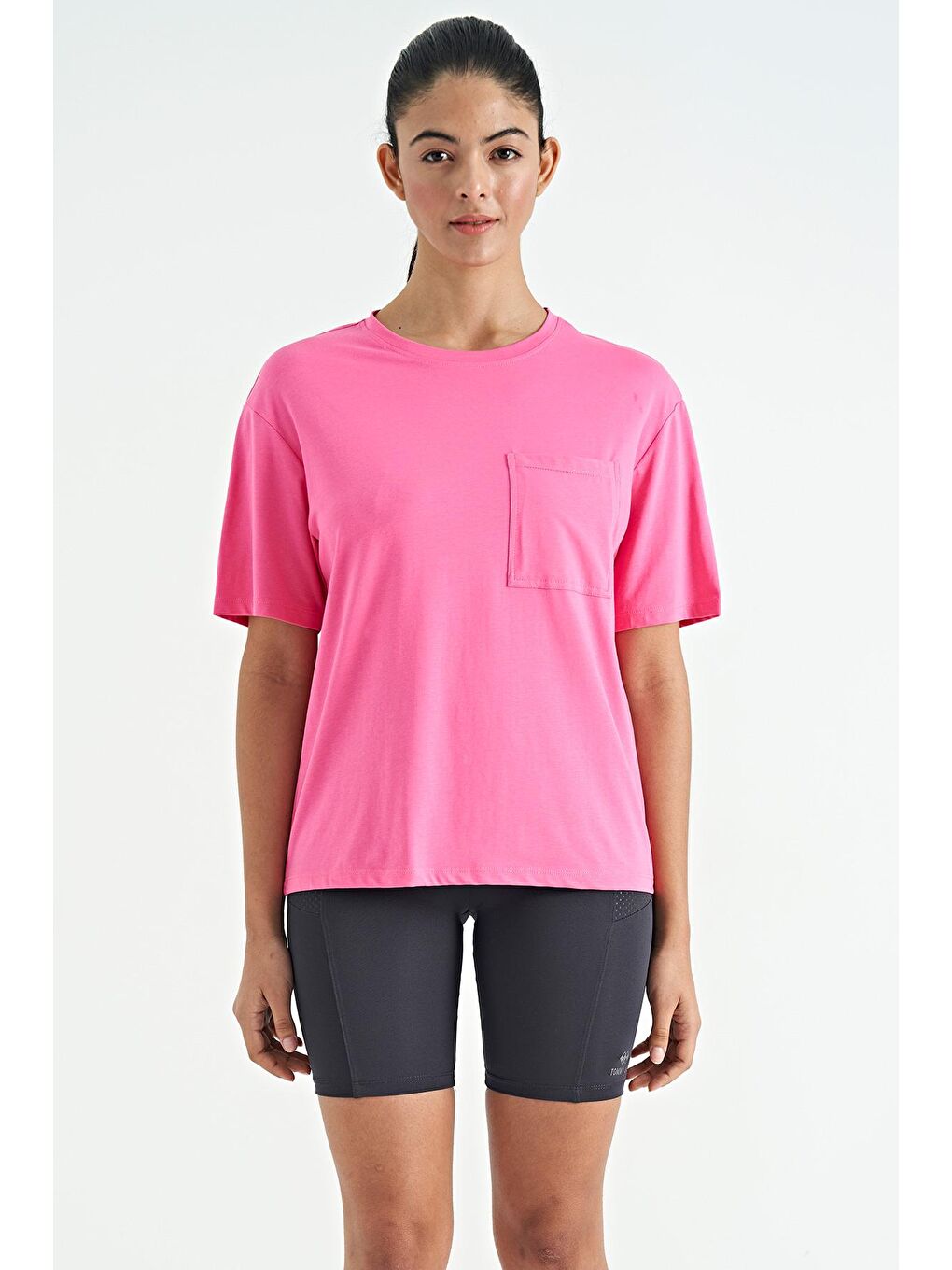 Veryperi Koyu Pembe Şeker Pembe Düşük Omuzlu Cep Detaylı Oversize Kadın T-Shirt - 02268