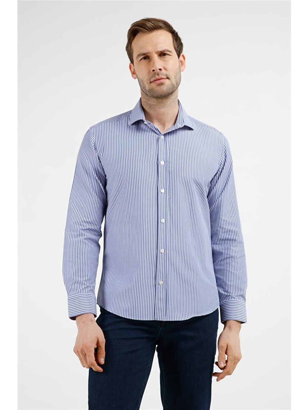 Lacivert - Beyaz Çizgili Desen İtalyan Yaka Uzun Kol Cepsiz Slim Fit Pamuklu Gömlek 1004255217