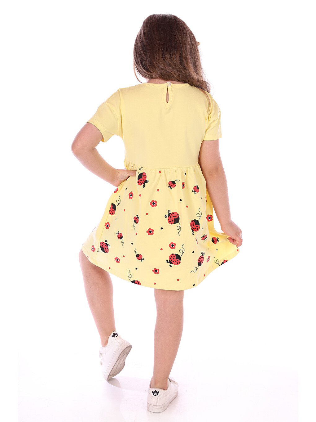 Sarı Kız Bebek Bisiklet Yaka Kısa Kollu Belden Oturtmalı Baskılı Elbise 22270-1