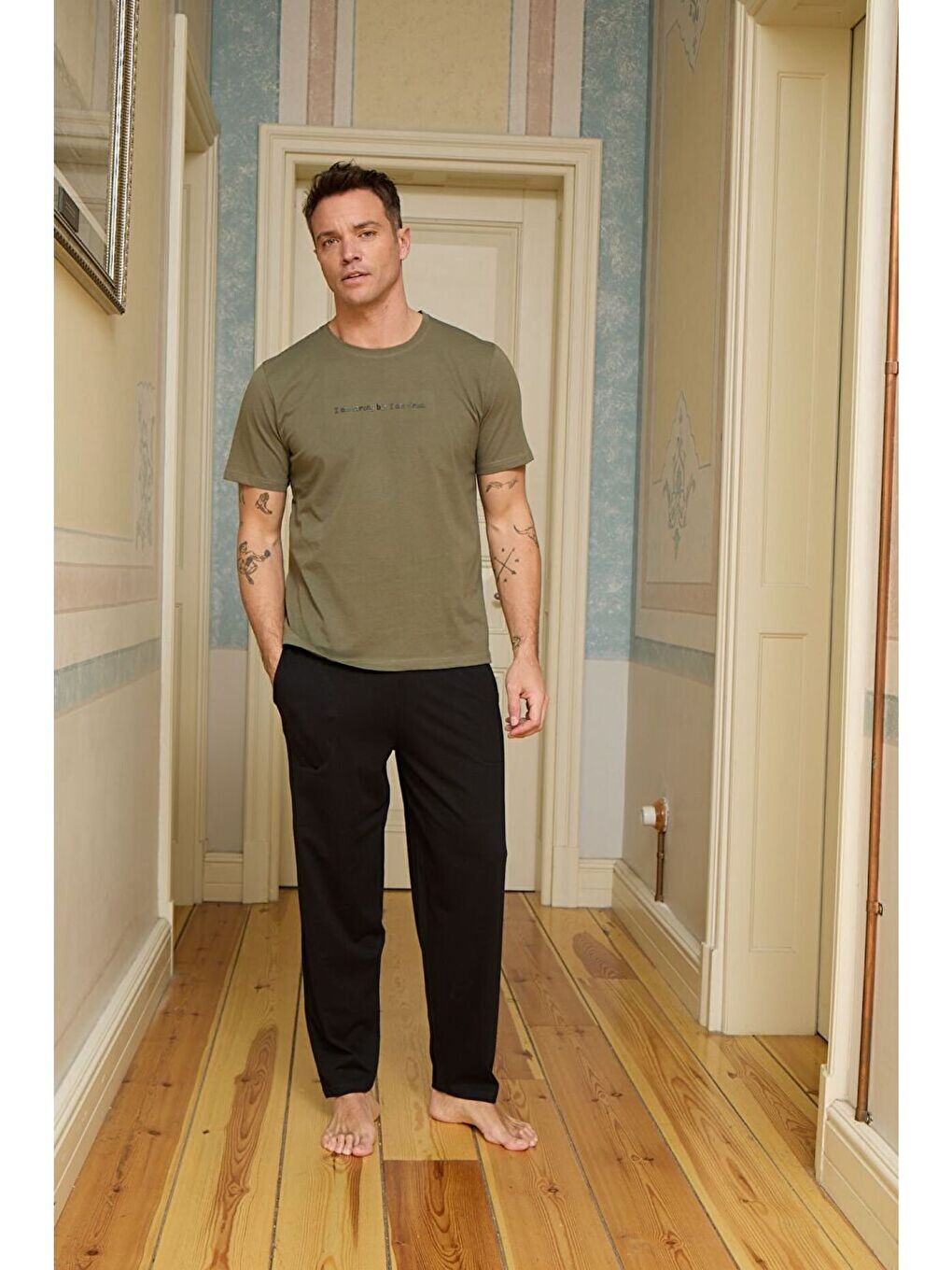 PREMIUM Erkek Haki %100 Doğal Pamuk Cepli Yüksek Kaliteli Kısa Kollu Pijama Takımı