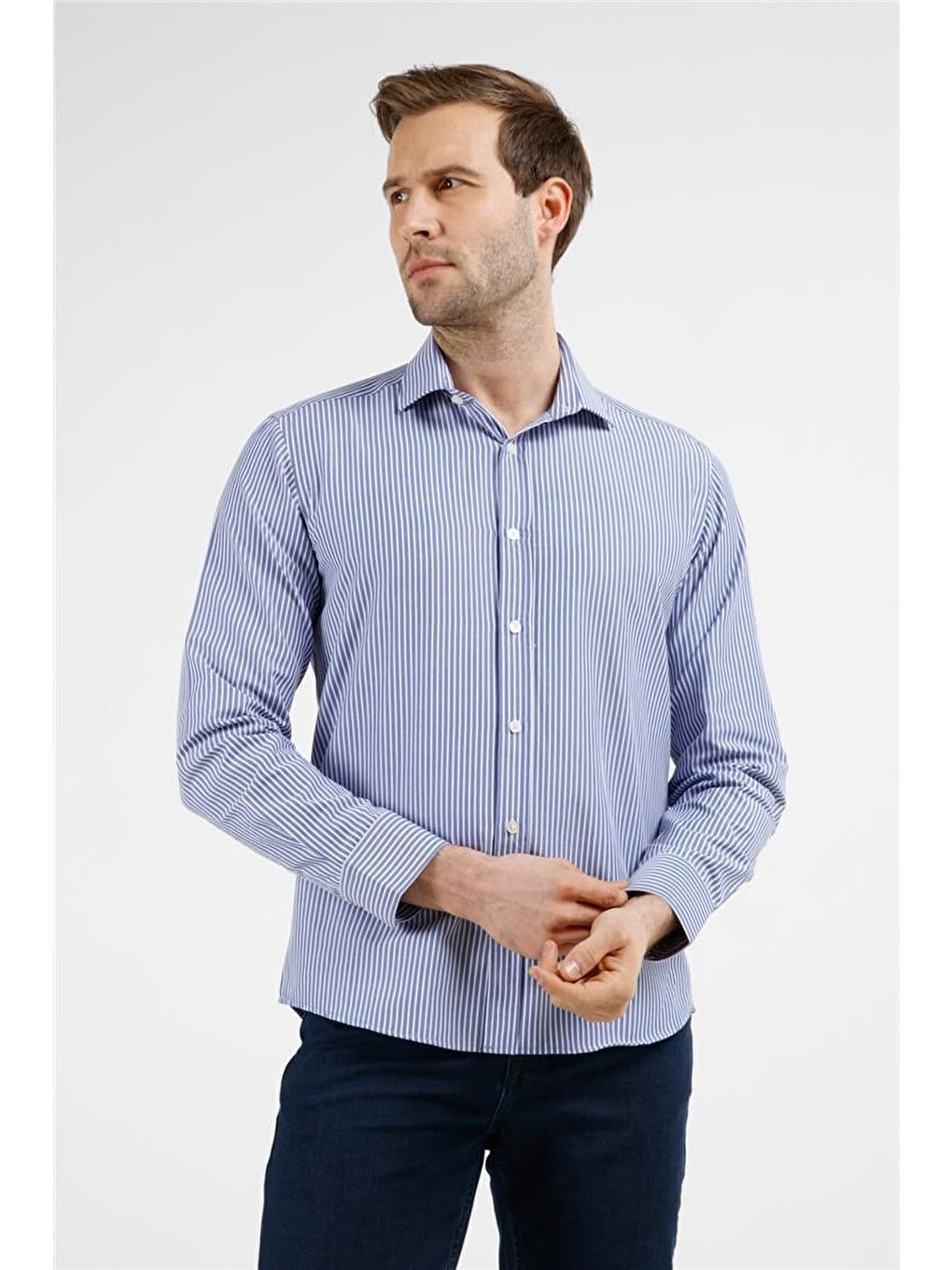 Lacivert - Beyaz Çizgili Desen İtalyan Yaka Uzun Kol Cepsiz Slim Fit Pamuklu Gömlek 1004255217-2