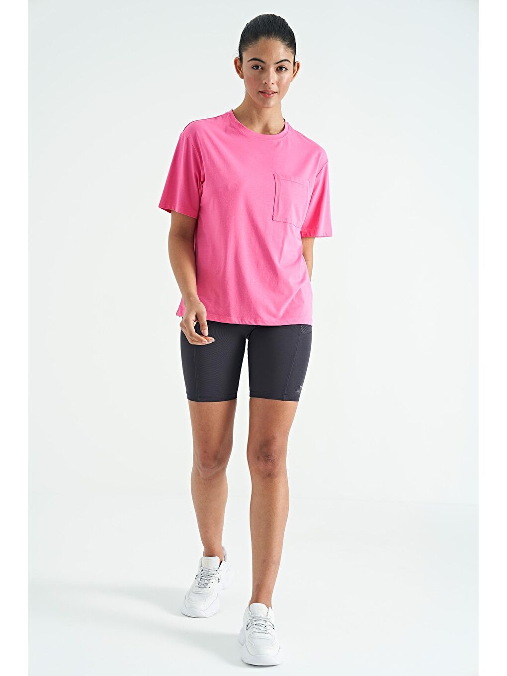 Veryperi Koyu Pembe Şeker Pembe Düşük Omuzlu Cep Detaylı Oversize Kadın T-Shirt - 02268 - 3