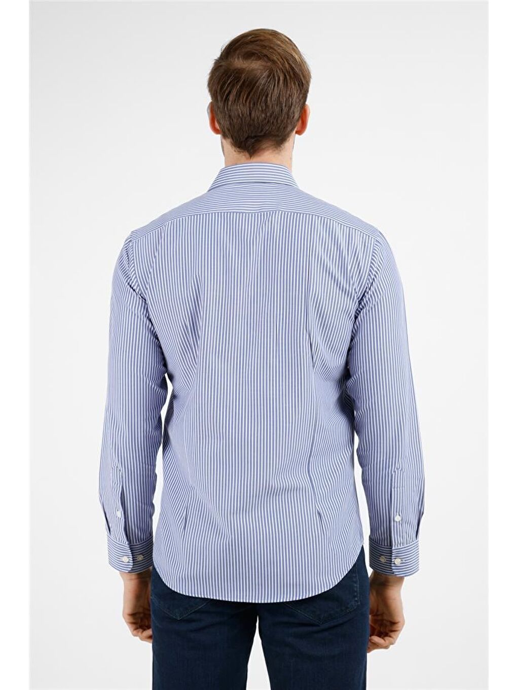 Lacivert - Beyaz Çizgili Desen İtalyan Yaka Uzun Kol Cepsiz Slim Fit Pamuklu Gömlek 1004255217-4