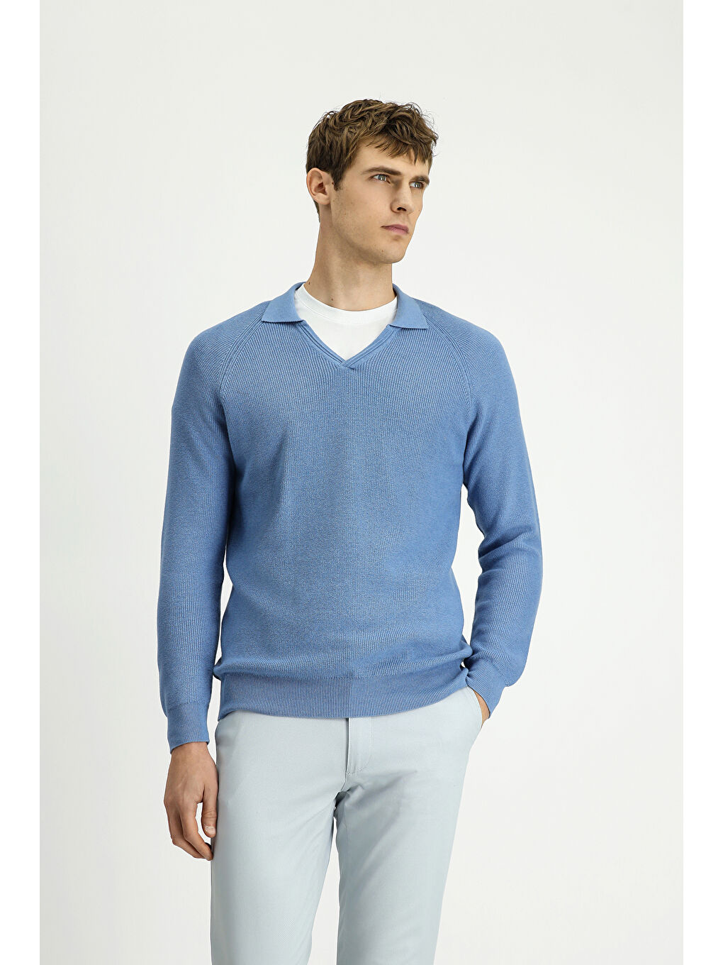 Mavi Polo Yaka Regular Fit Triko Büyük Beden Kazak