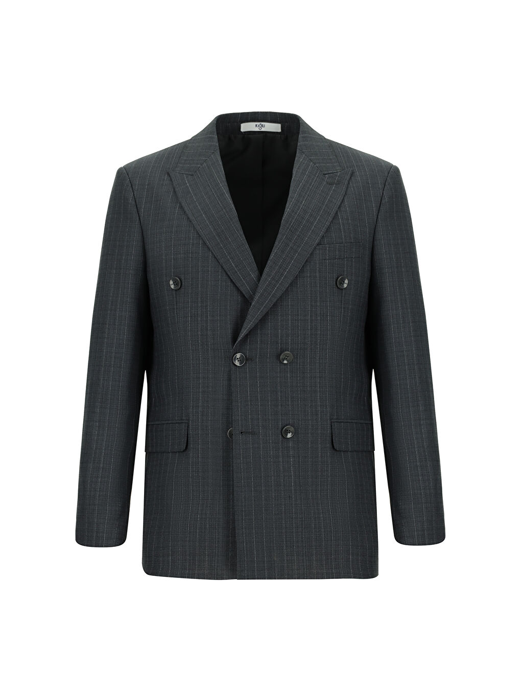 Gri Regular Fit Yünlü Çizgili Kruvaze Takım Elbise-1