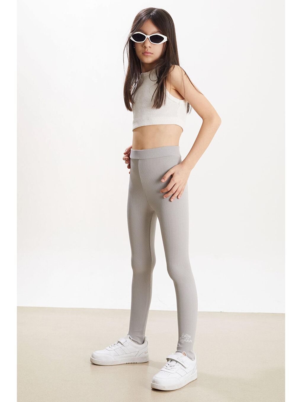 Kız Çocuk Yazı Nakışlı Fitilli Karşkorse 2'li Tayt Siyah-Gri