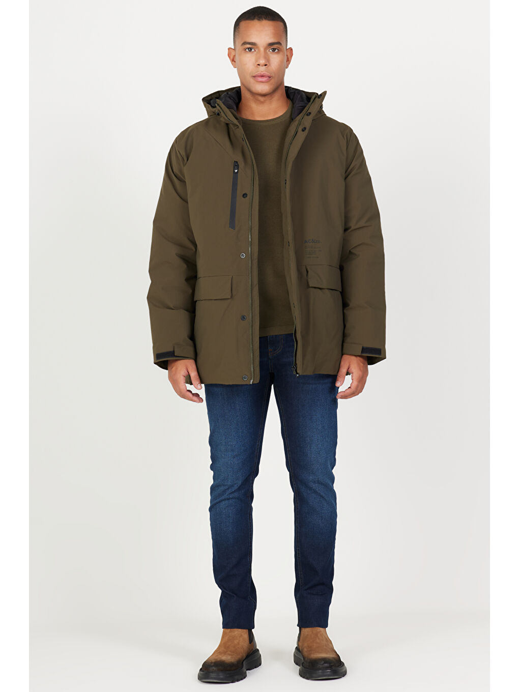 Erkek Haki Standart Fit Normal Kesim Kapüşonlu Dik Yaka Kapak Cepli Kaban