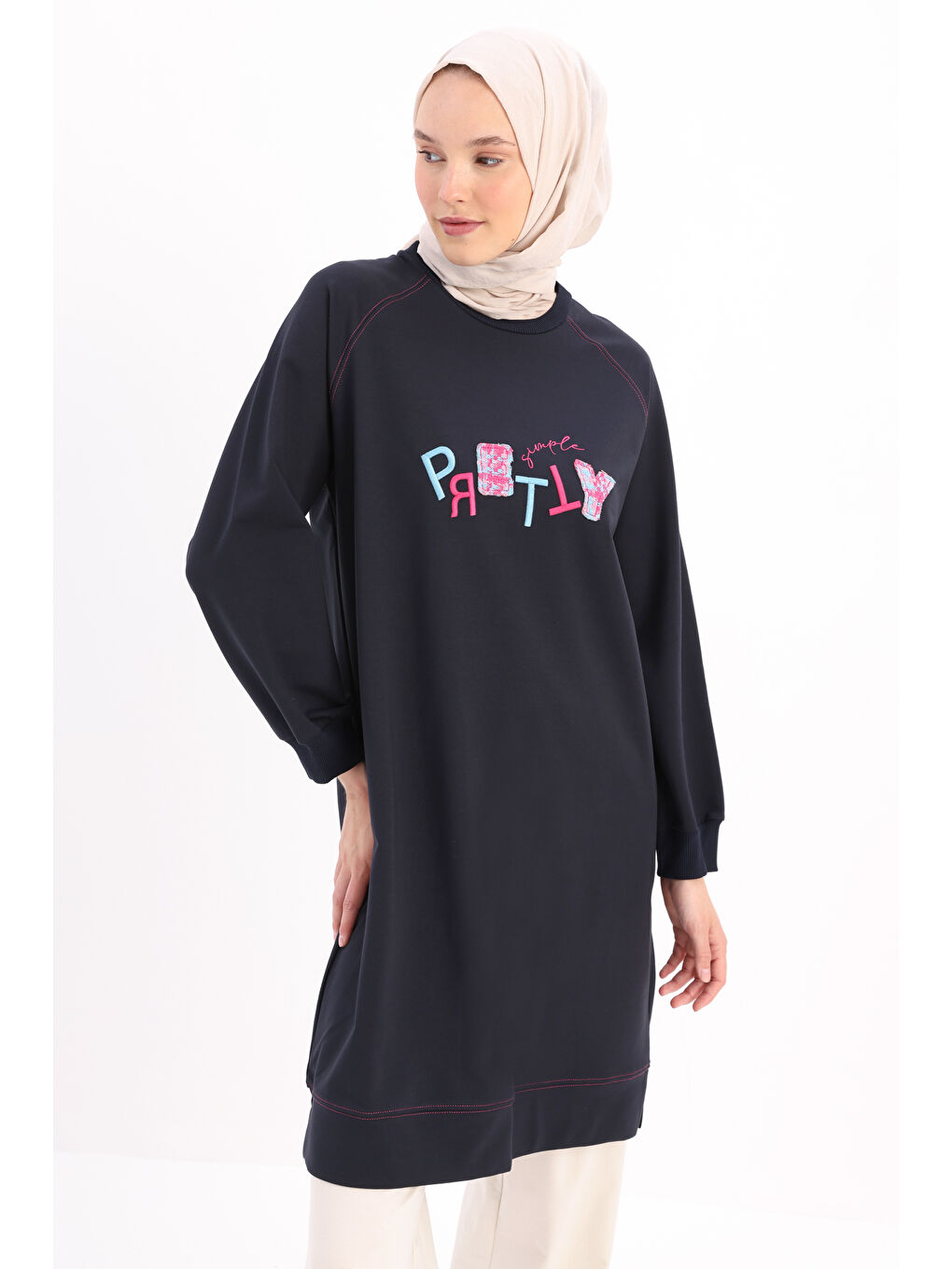 ALLDAY Lacivert Pretty  Nakışlı Reglan Kol Sweat Tunik