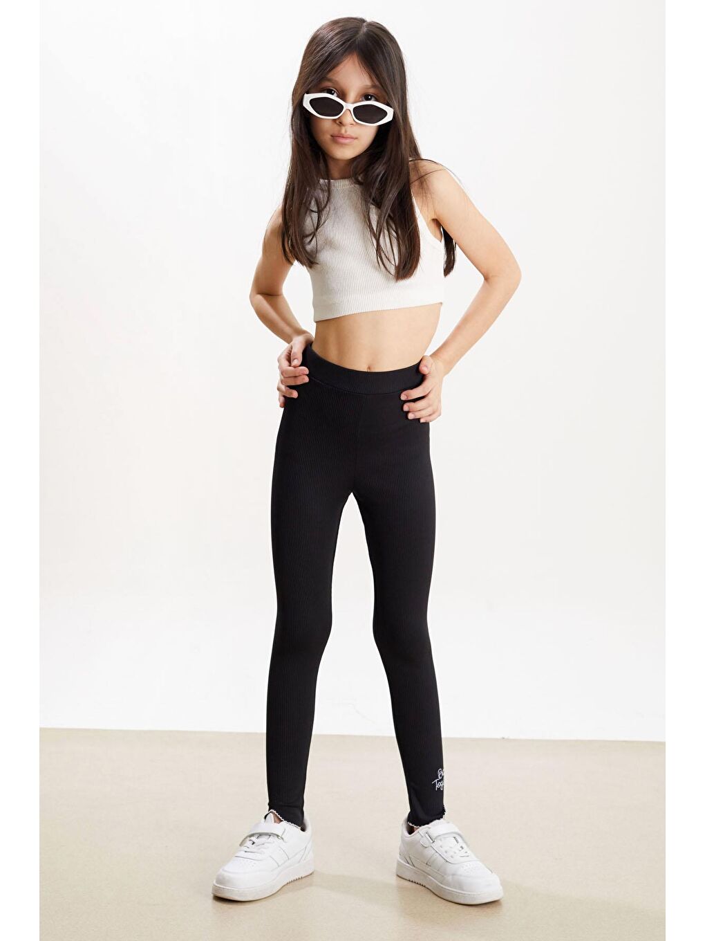 Kız Çocuk Yazı Nakışlı Fitilli Karşkorse 2'li Tayt Siyah-Gri-1