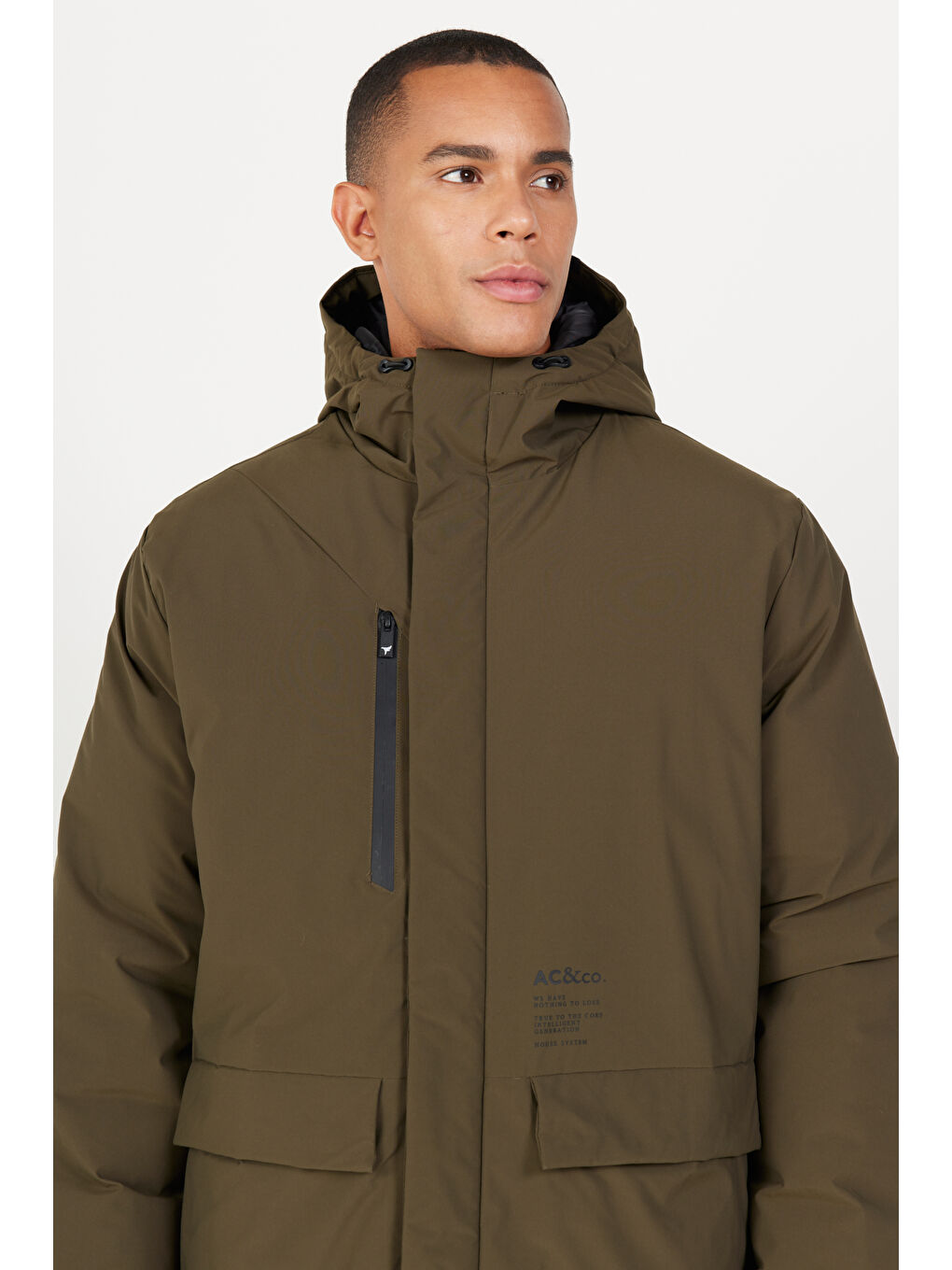 Erkek Haki Standart Fit Normal Kesim Kapüşonlu Dik Yaka Kapak Cepli Kaban-2