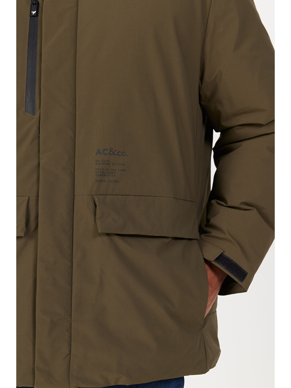 Erkek Haki Standart Fit Normal Kesim Kapüşonlu Dik Yaka Kapak Cepli Kaban-3