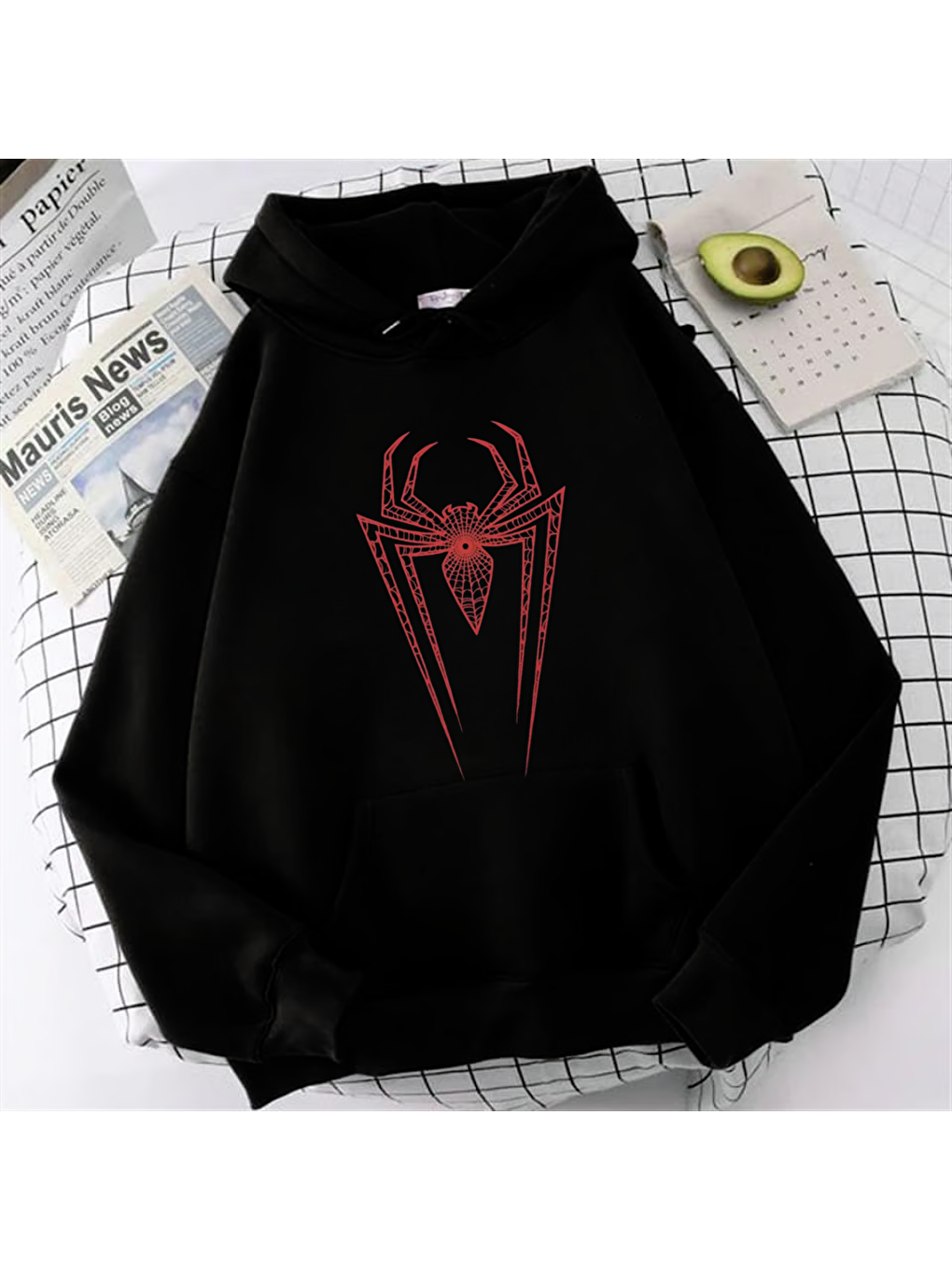 Touz Moda Siyah Spider Web Baskılı Unisex Oversize Hoodie - 1