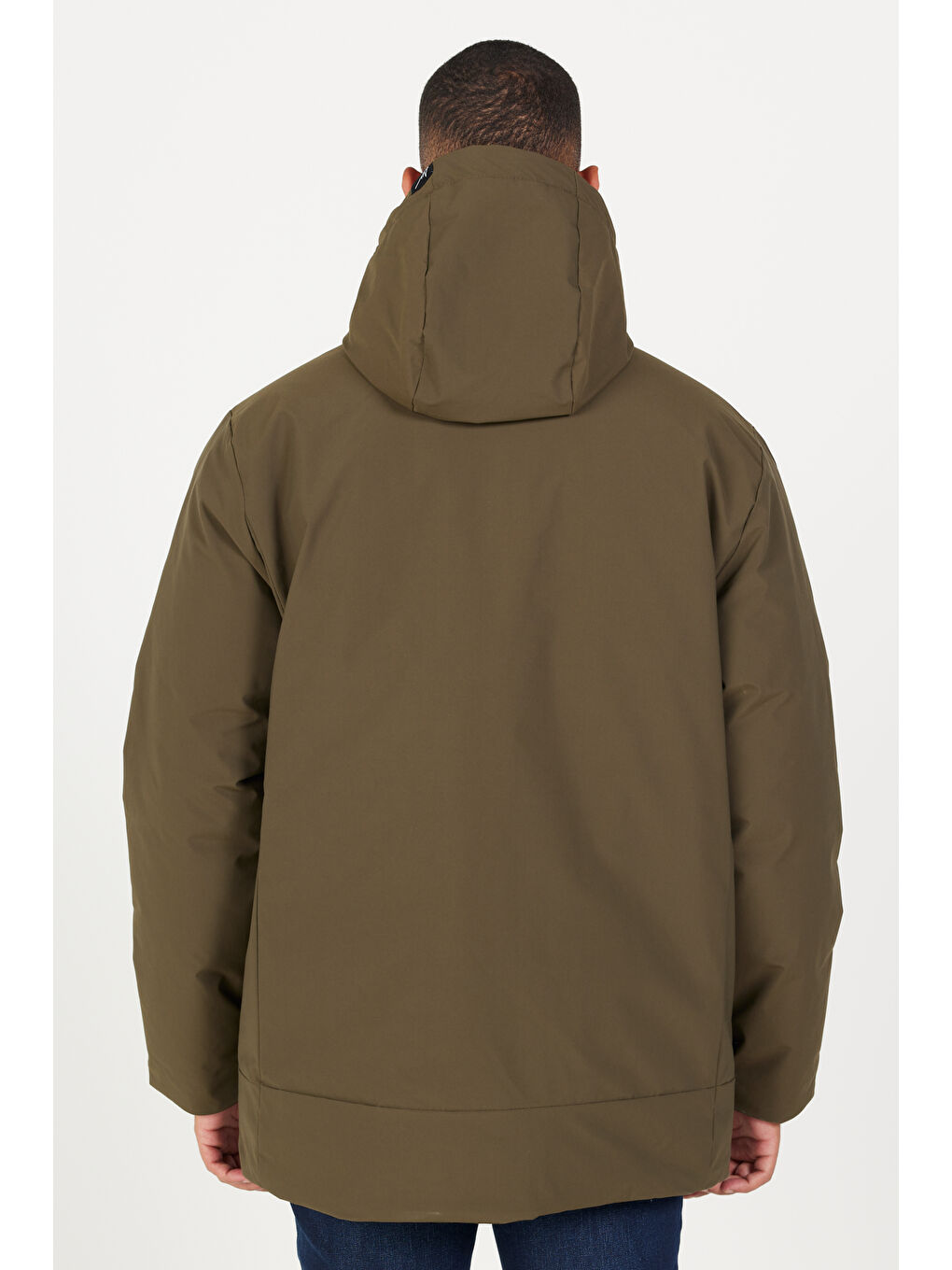 Erkek Haki Standart Fit Normal Kesim Kapüşonlu Dik Yaka Kapak Cepli Kaban-4