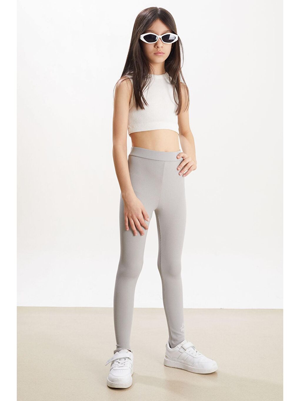 Kız Çocuk Yazı Nakışlı Fitilli Karşkorse 2'li Tayt Siyah-Gri-2