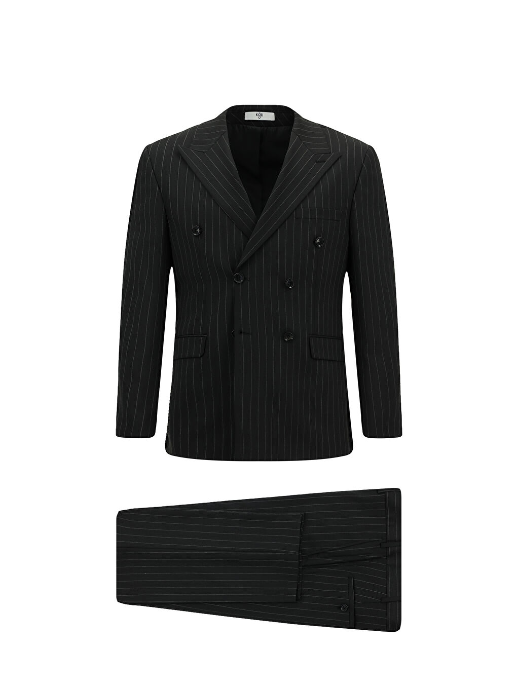 Siyah Slim Fit Dar Kesim Yünlü Çizgili Kruvaze Takım Elbise