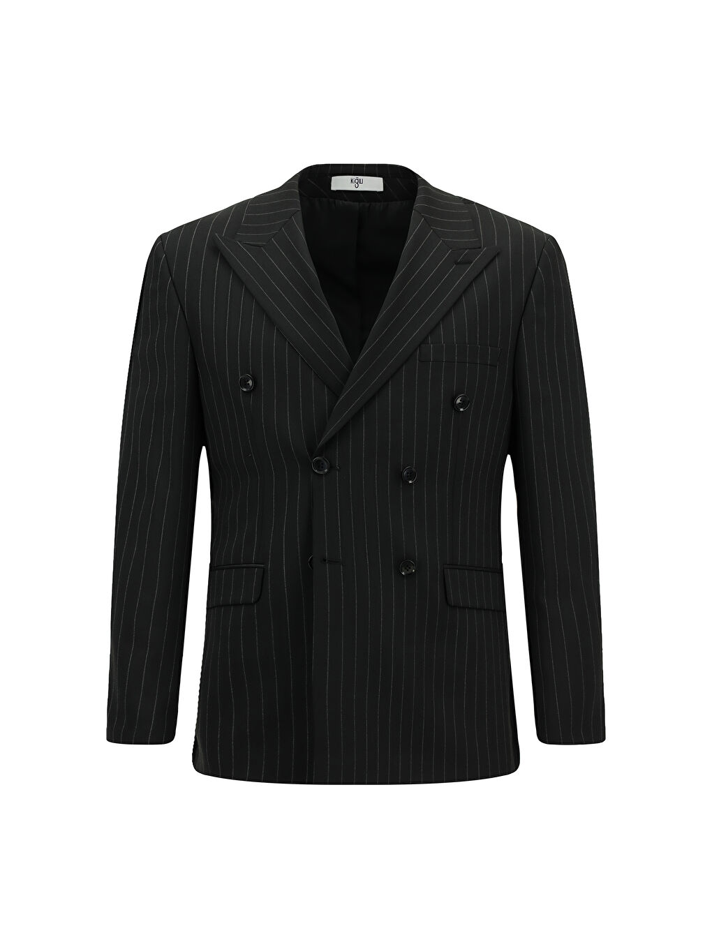 Siyah Slim Fit Dar Kesim Yünlü Çizgili Kruvaze Takım Elbise-1