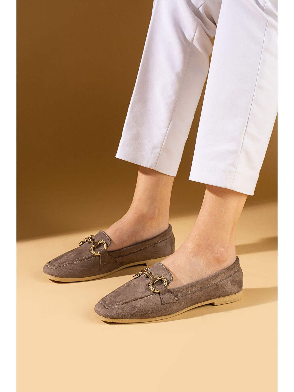 Bej Gold Tokalı Küt Burun Rahat Taban Kadın Babet 81-90-25Süet-2