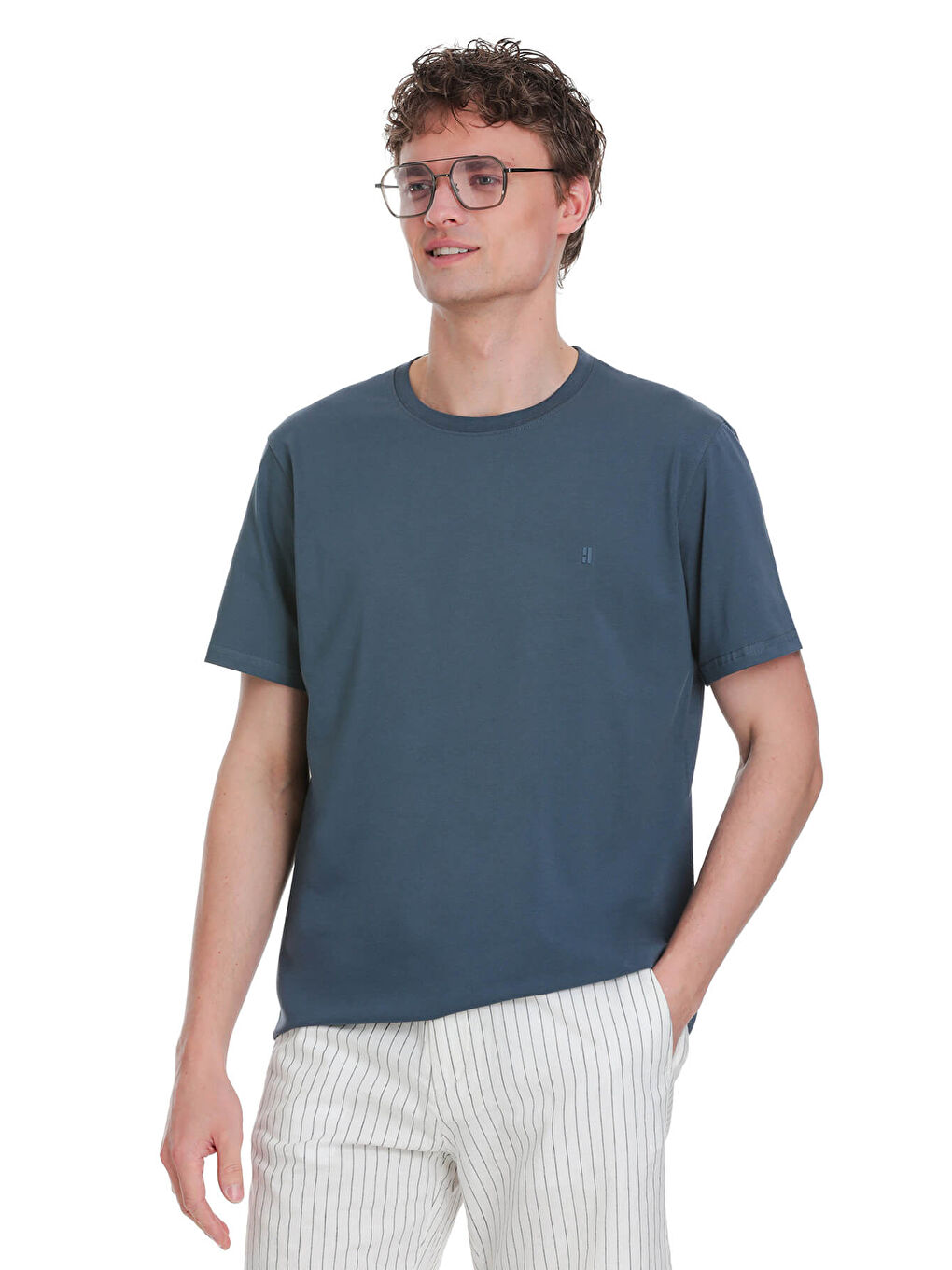 İndigo Regular Fit Bisiklet Yaka Pamuklu %100 Pamuk Tişört-2