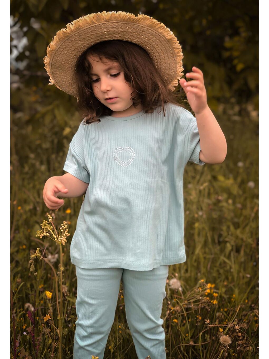 Taş İşlemeli Fitilli Taytlı Takım 2-7 Yaş Mint Yeşili