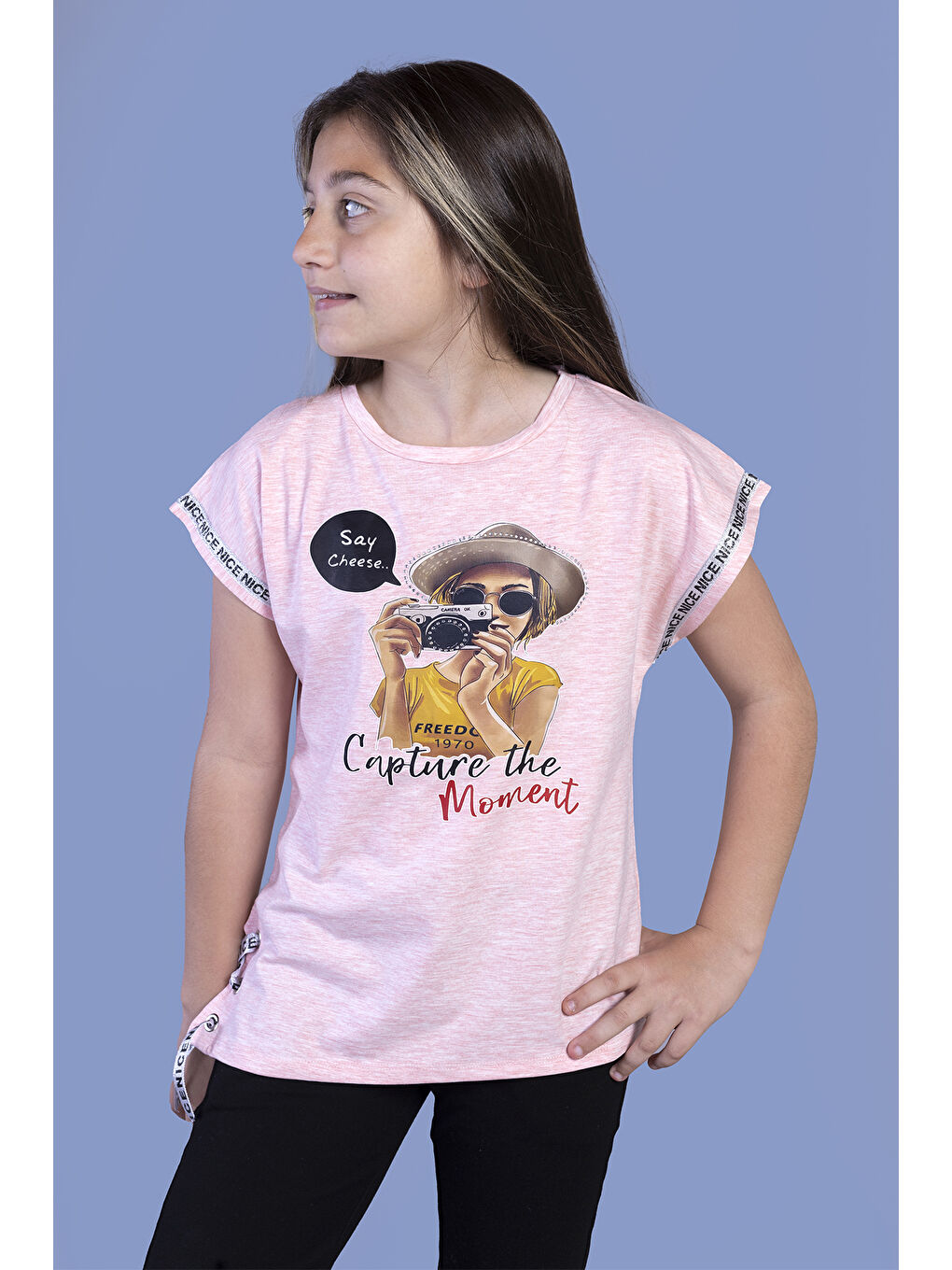 Pembe Kız Çocuk Şerit Detaylı Baskılı Tişört-2