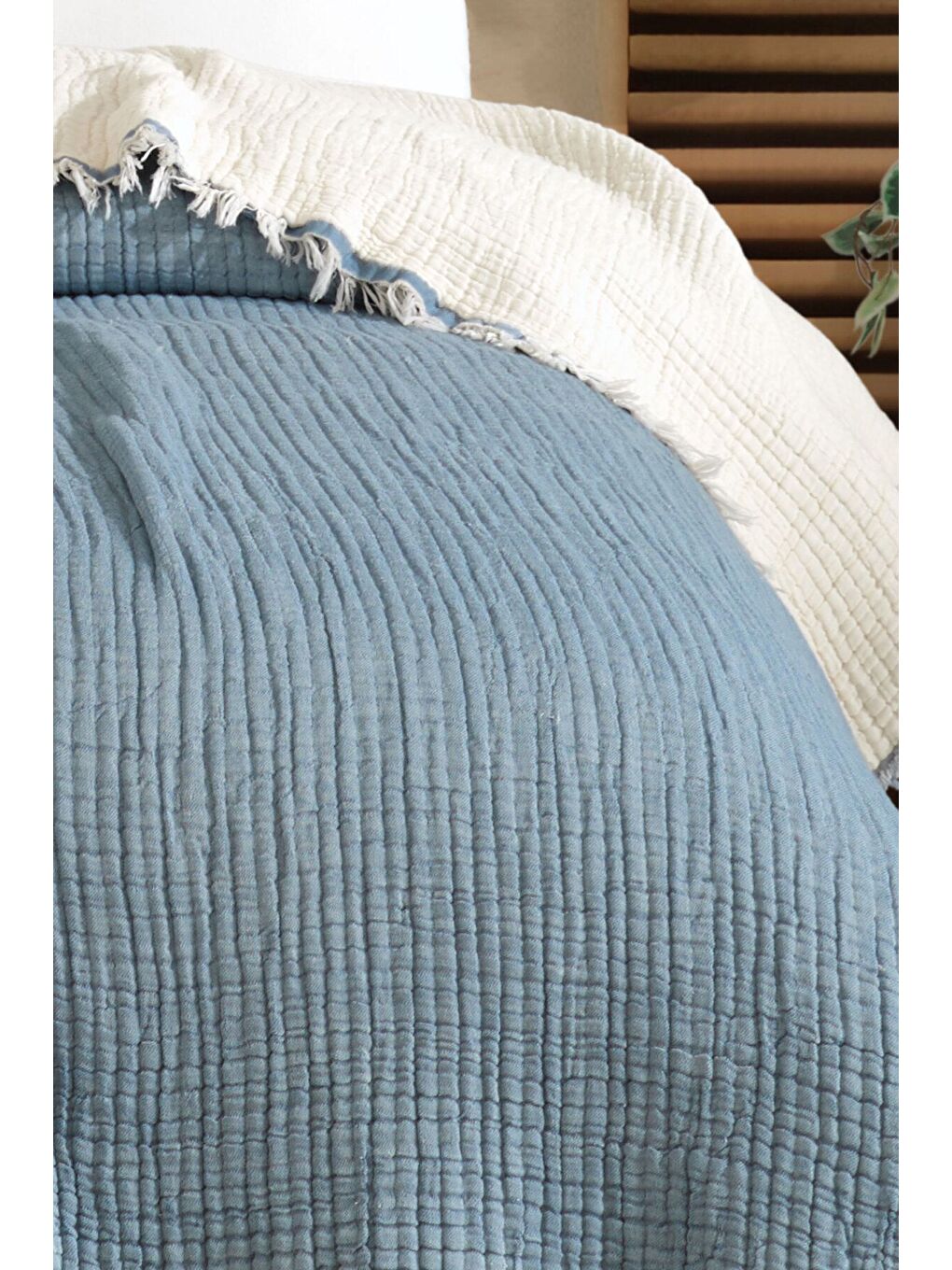 Mavi Tek Kişilik 5 Katlı %100 Pamuk Müslin Yatak Örtüsü - MAVİ MAVI/160X230CM-2