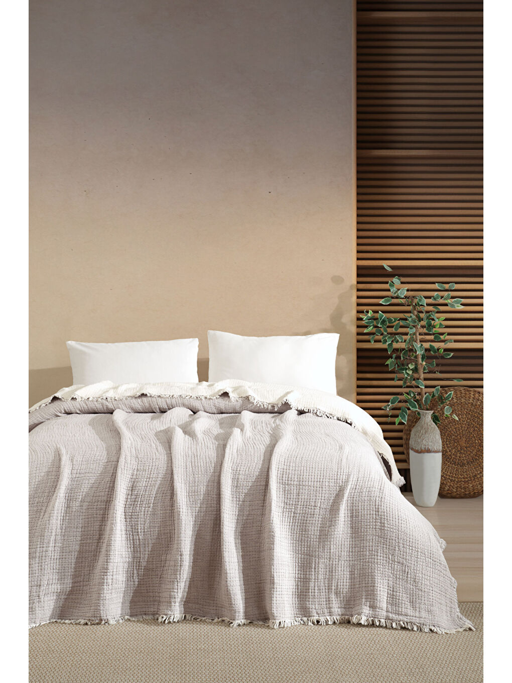 Bej Tek Kişilik 5 Katlı %100 Pamuk Müslin Yatak Örtüsü - TAŞ TAS/160X230CM