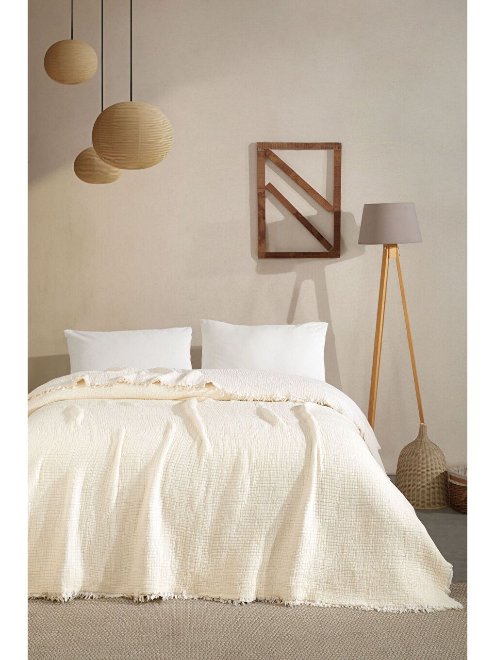 Ekru Tek Kişilik 5 Katlı %100 Pamuk Müslin Yatak Örtüsü - KREM KREM/160X230CM