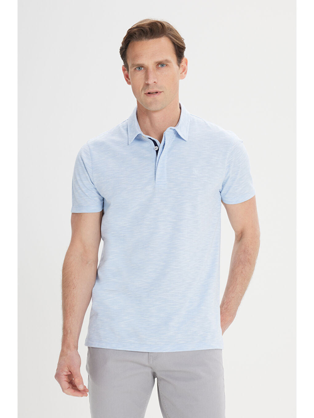 Erkek Açık Mavi Slim Fit Dar Kesim Pamuklu Jakarlı Polo Yaka Tişört-2