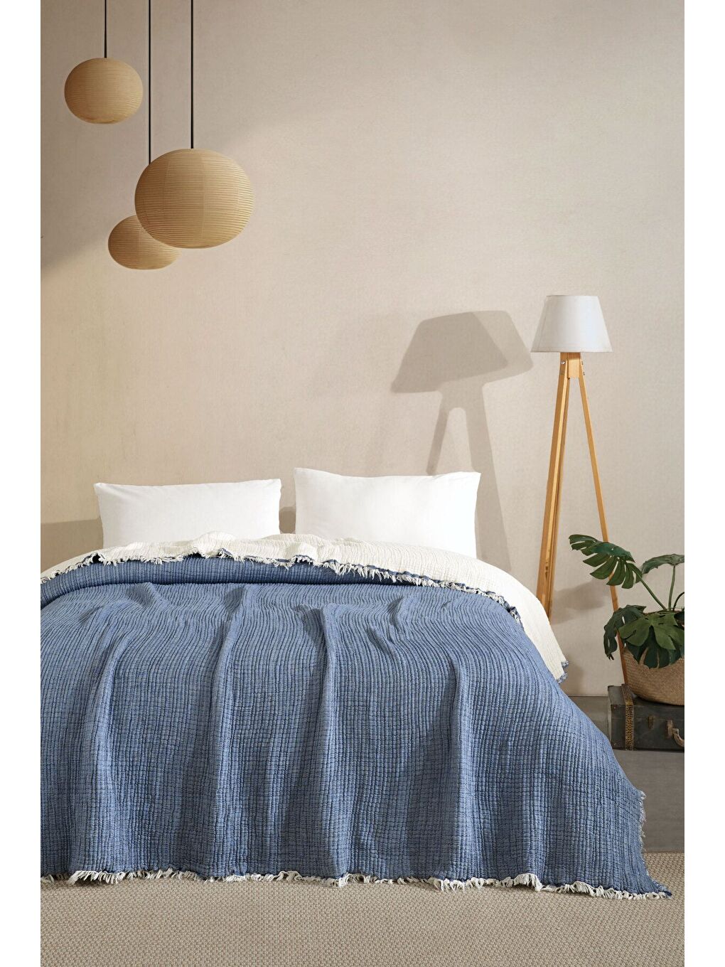 Lacivert Tek Kişilik 5 Katlı %100 Pamuk Müslin Yatak Örtüsü - LACİVERT LACIVERT/160X230CM