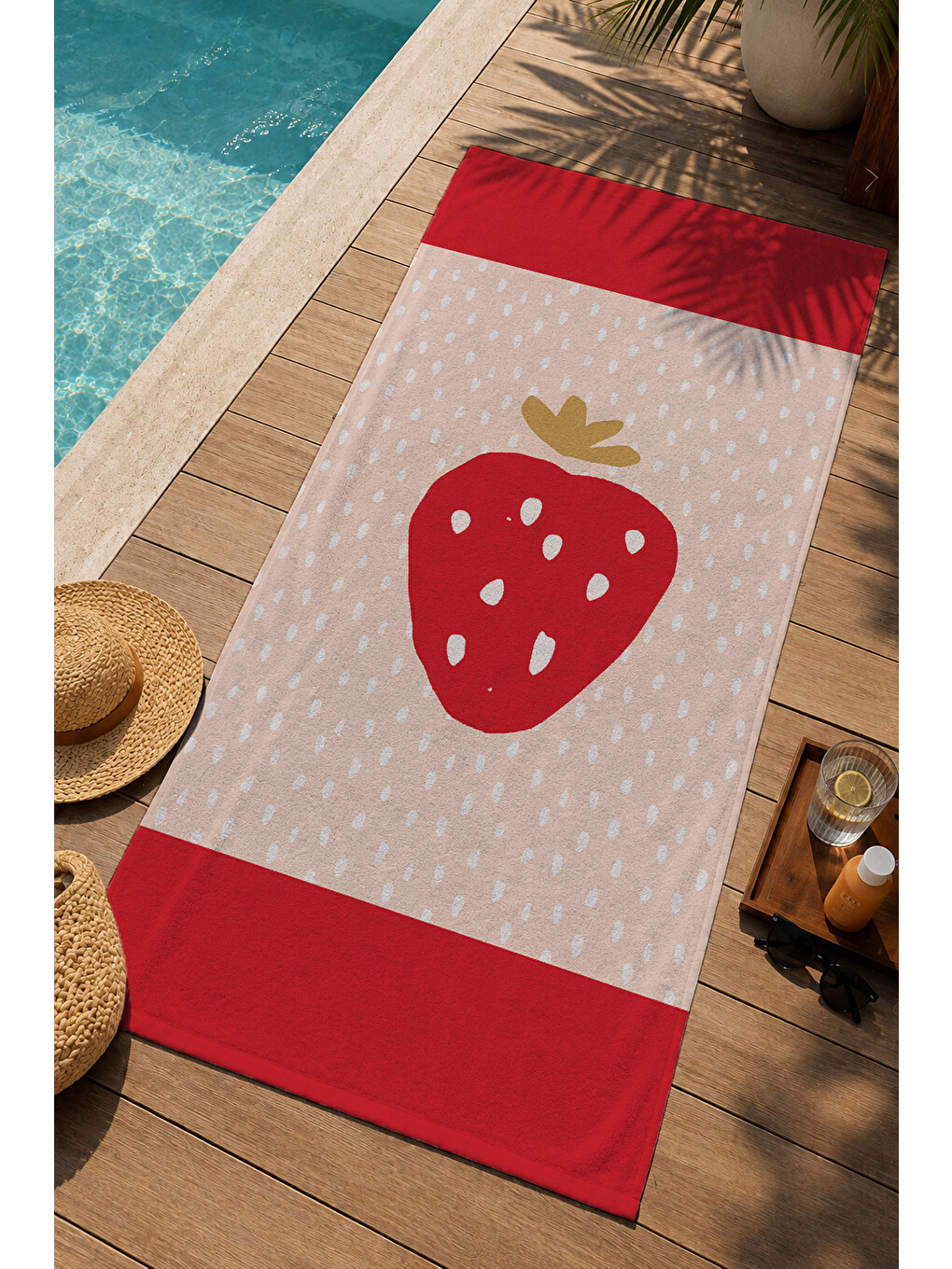 Pembe Kırmızı Büyük Çilek Desenli 70x150 Cm Dijital Baskılı Plaj Ve Banyo Havlusu-2