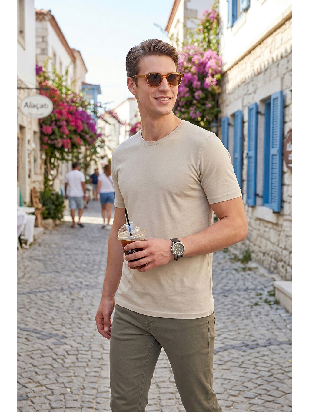 Bej Bisiklet Yaka % 100 Pamuk Slim Fit Basic Erkek T Shirt 59020001