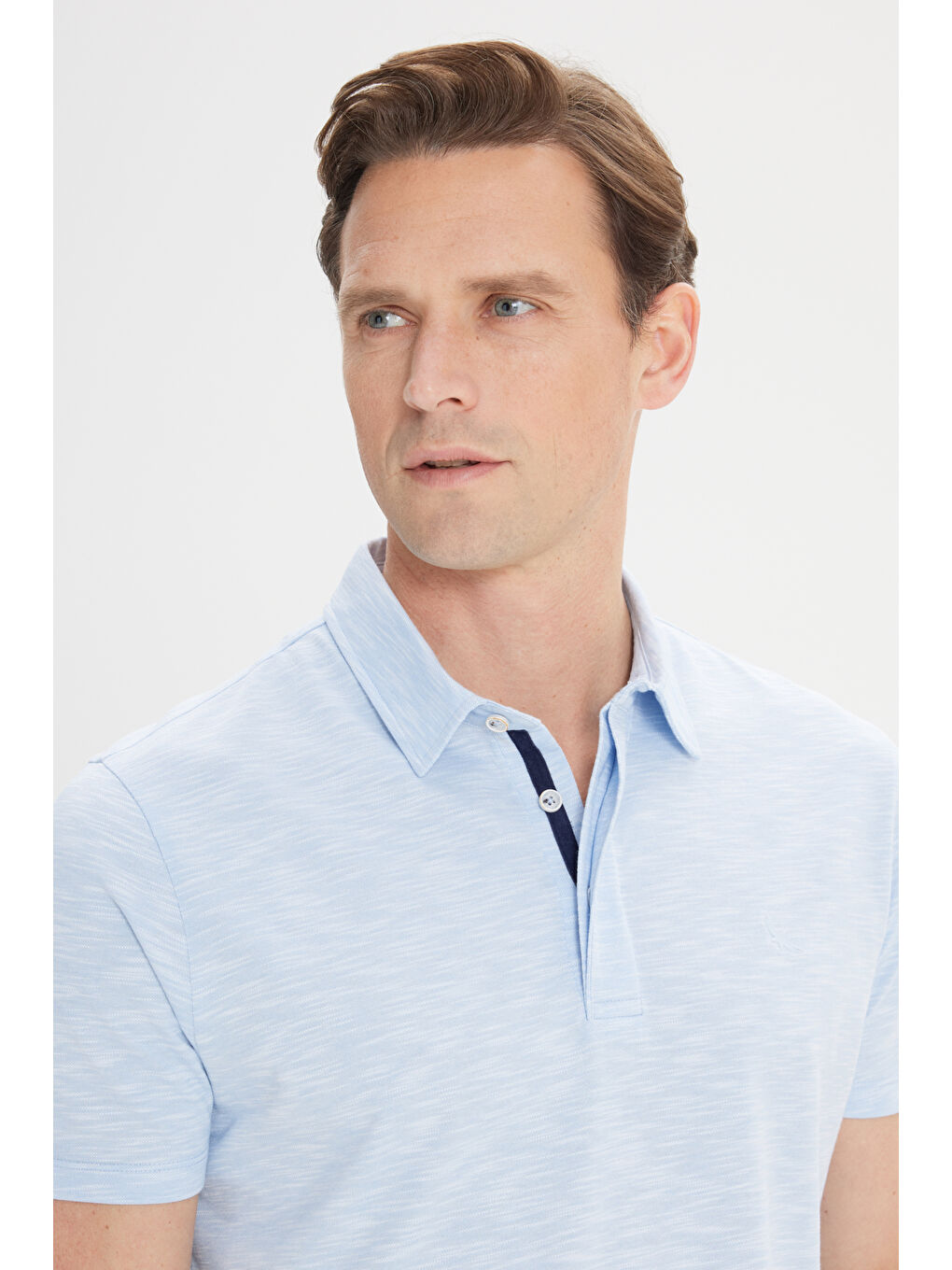 Erkek Açık Mavi Slim Fit Dar Kesim Pamuklu Jakarlı Polo Yaka Tişört-3