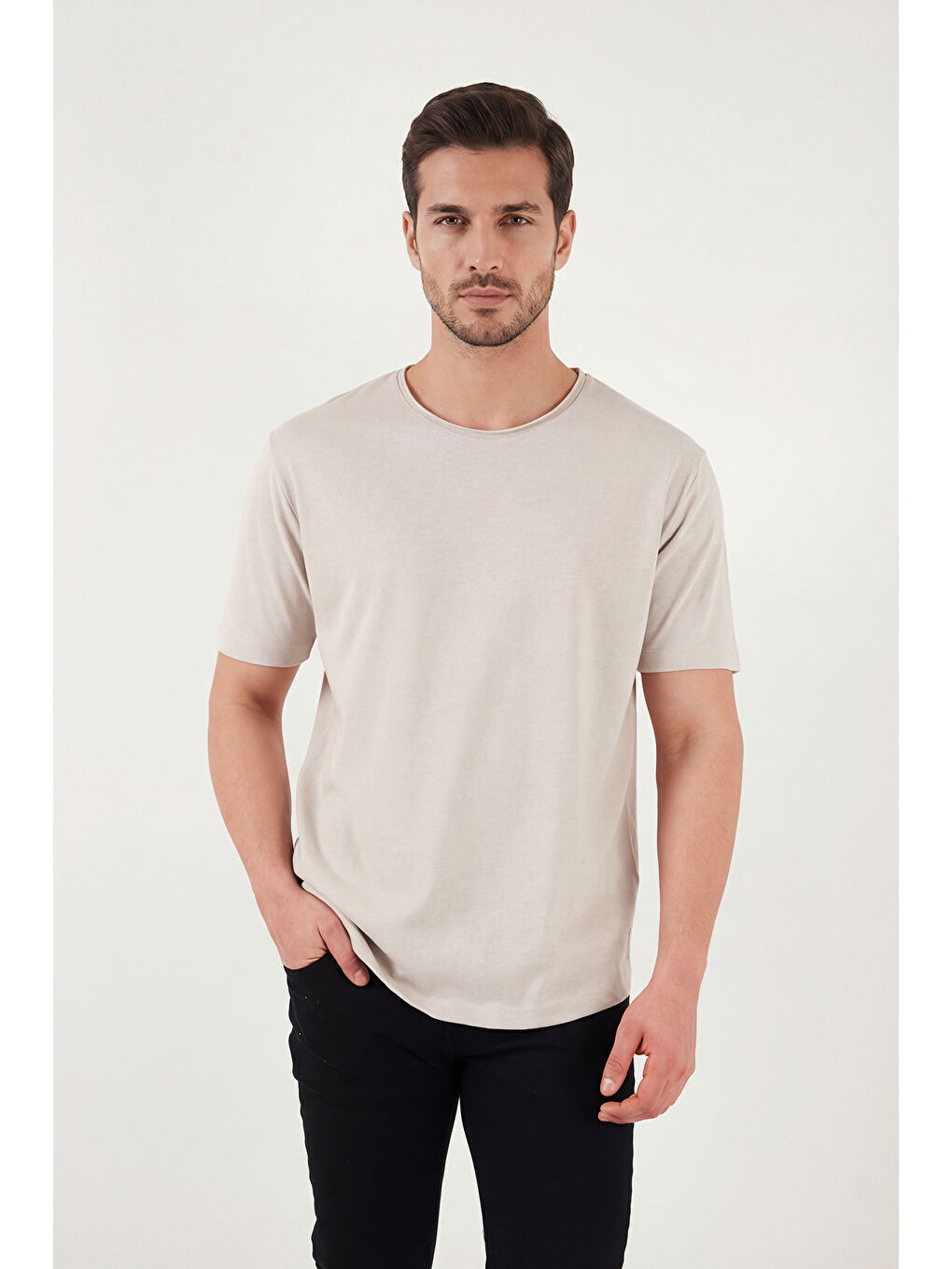 Bej Pamuklu Regular Fit Bisiklet Yaka T Shirt 5904074-1