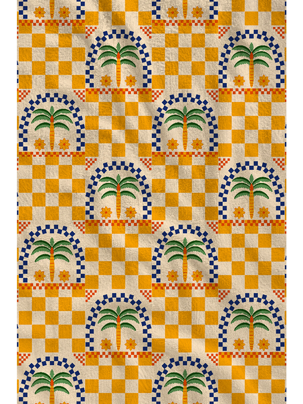 Ekru Turuncu Dama Tekrarlı Palmiye Rozet Desenli 70x150 Cm Dijital Baskılı Plaj Ve Banyo Havlusu-1