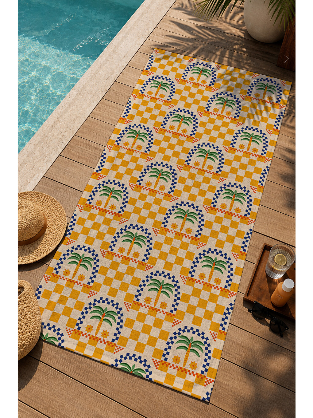 Ekru Turuncu Dama Tekrarlı Palmiye Rozet Desenli 70x150 Cm Dijital Baskılı Plaj Ve Banyo Havlusu-2