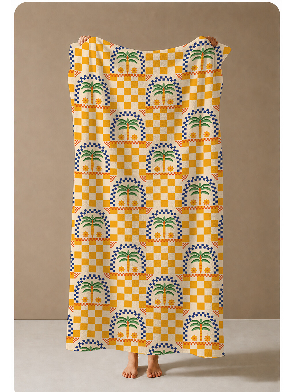 Ekru Turuncu Dama Tekrarlı Palmiye Rozet Desenli 70x150 Cm Dijital Baskılı Plaj Ve Banyo Havlusu-3