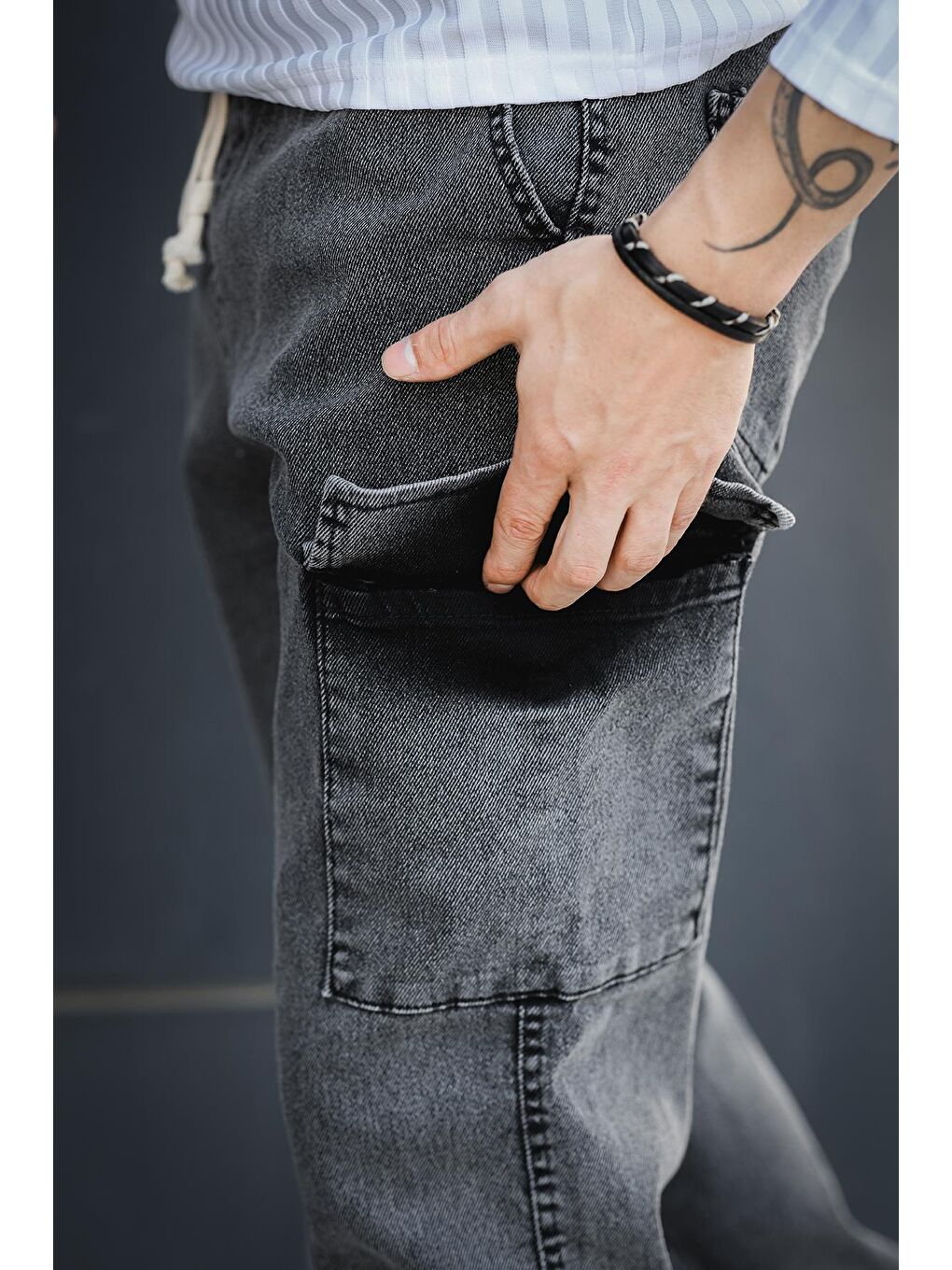Antrasit Dasser Paçası ve Beli Lastikli Slim Fit Elastanlı Jean Kargo Pantolon-4