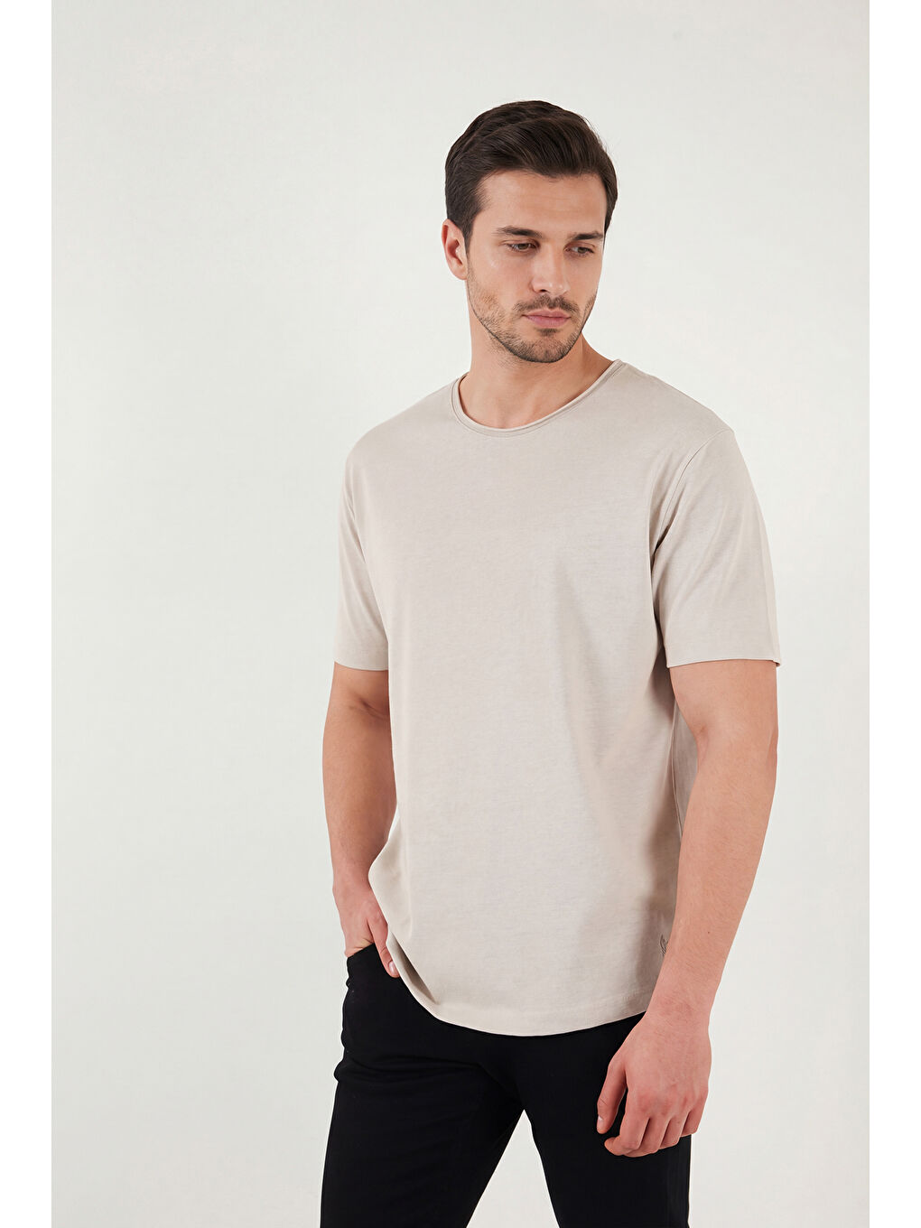 Bej Pamuklu Regular Fit Bisiklet Yaka T Shirt 5904074-3