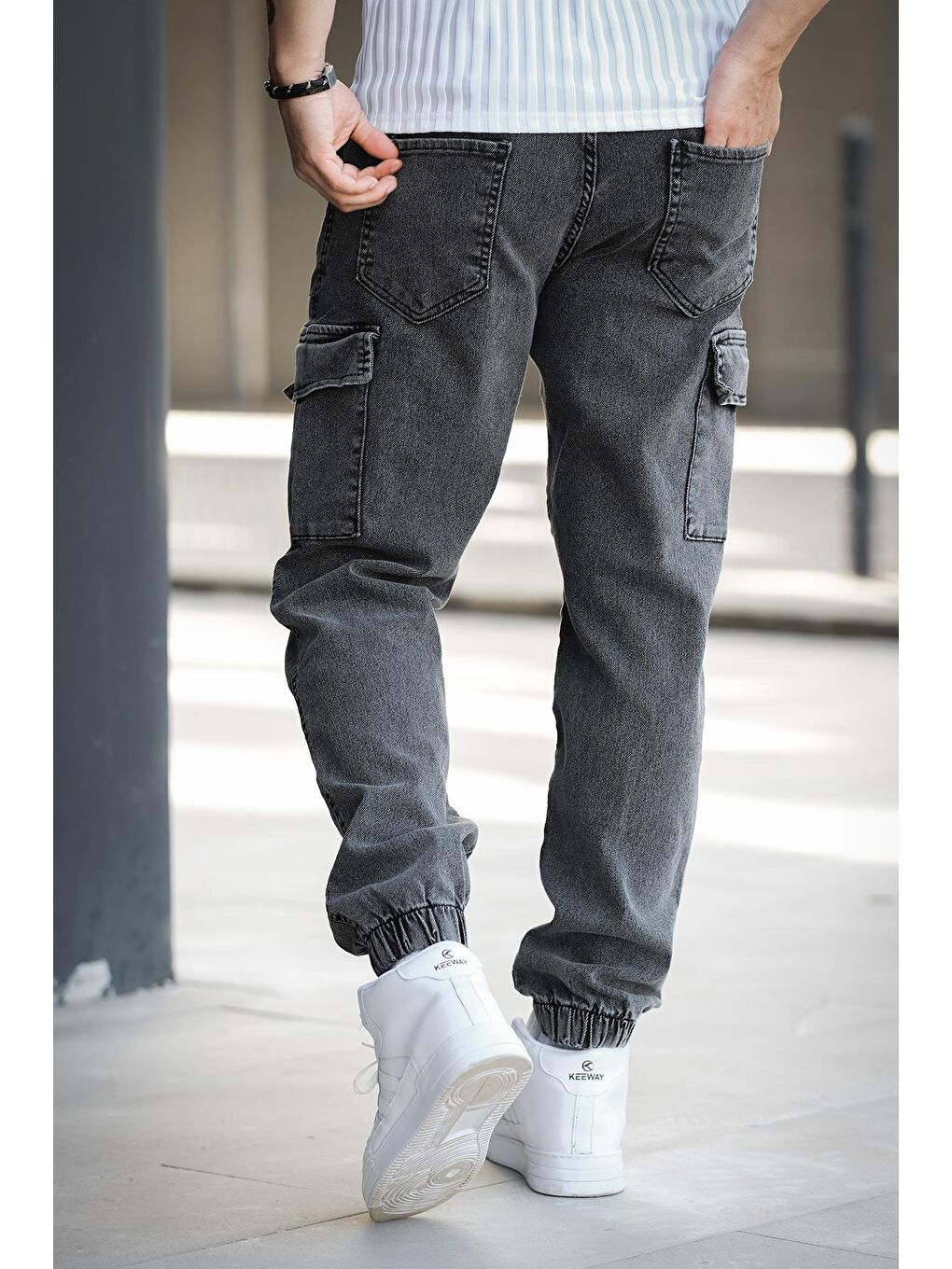 Antrasit Dasser Paçası ve Beli Lastikli Slim Fit Elastanlı Jean Kargo Pantolon-5